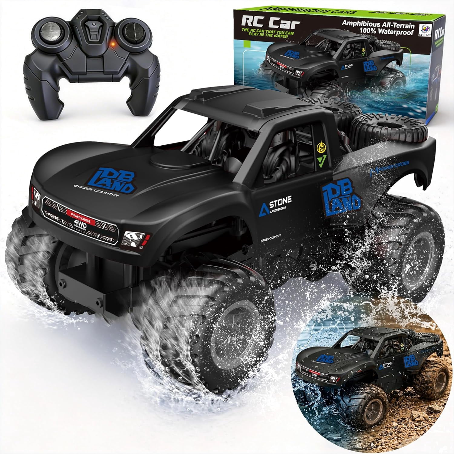 Amphibious Remote Control Car Monster Truck - 4WD Waterproof 1:16 Large All Terrain Off Road Vehicle with 2 Rechargeable Batteries RC Drift Cars Beach Pool Toys Gifts for Boys Kids 8-12