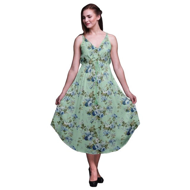 Bimba Robe à Imprimé Floral pour Femmes Bretelles Spaghetti Col en V Midi Tenue de Plage-Petite