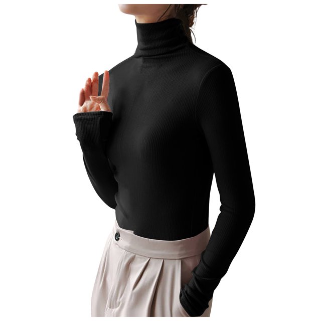 AherBiu Womens Tops Long Sleeve Ribbed Knitted Stretchy Slim Fitted Basic Tee Tops High Neck Warm Undershirts