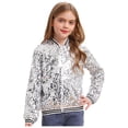 thumbnail image 2 of Aislor Girls Sparkle Sequin Bomber Jacket Glitter Jackets Long Sleeve Coat with Stripe Ribbed Cuffs Silver 6, 2 of 6