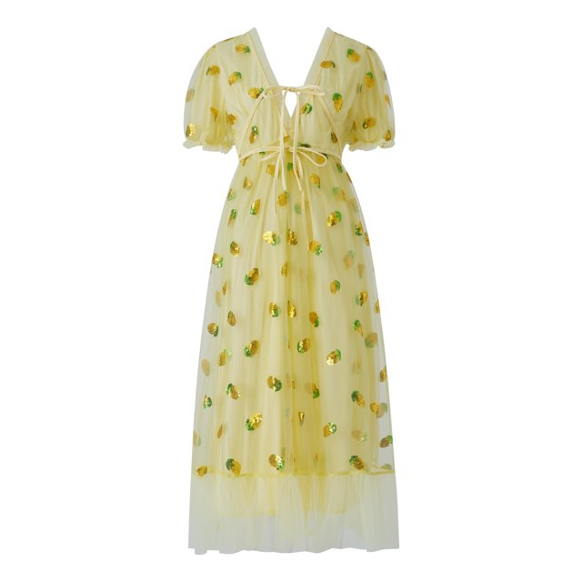 Opperiaya Robe de Soirée Femme Manches Courtes Col en V Nouée devant Taille Haute Paillettes Fruitées Volant Ourlet Tulle Robe Princesse pour Bal Cocktail