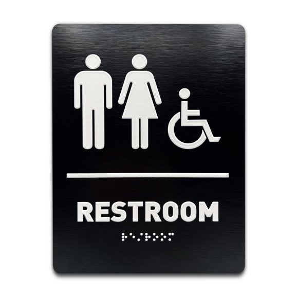Unisex Restroom Identification Sign - ADA Compliant Bathroom Sign Wheelchair Accessible Raised Icons Raised Braille Brushed Black TCO Inspection Certified (6""W x 8""H) - by GDS