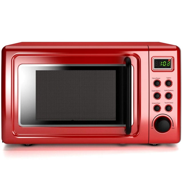 Costway 0.7Cu.ft Retro Countertop Microwave Oven 700W LED Display Glass Turntable Red