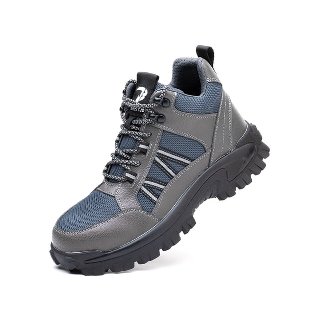 Woobling Unisex Safety Shoe Lace Up Work Shoes High Top Protection Boot Anti-collision Booties Men Slip Resistant Steel Toe Boots Grey 7