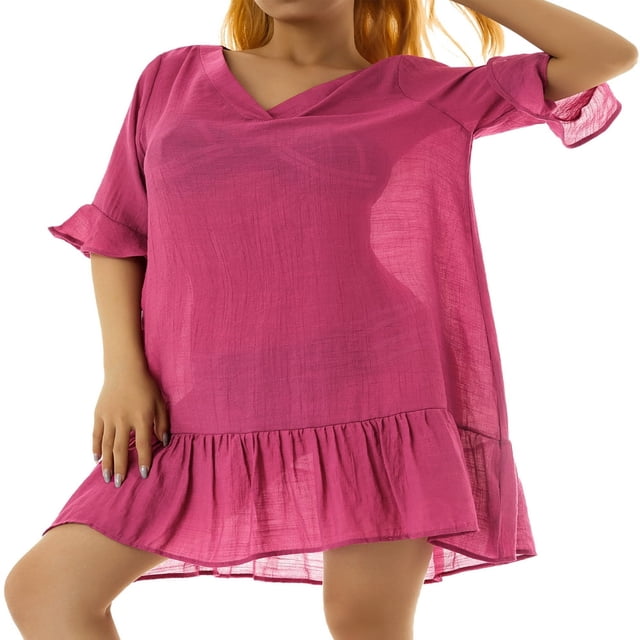 MesaSe Robe de Plage Ample pour Femmes à Manches Courtes, Col en V, Unie, à Volants