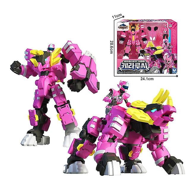 Mini Force Super Dino Power Transformation Robot Volt Sammy Lucy Max Jouets Figurines d'Action. l'Image Présente Deux Figurines de Robot Détaillées Roses et Jaunes en Matériau ABS, l'Une sous Forme Humanoïde et l'Autre sous Forme de Dinosaure, Toutes Deux Parties d'Un Modèle à l'Échelle 1/48 Inspiré d'Une animation Sud-Coréenne. une Boîte de Marque Mesurant 24,1 cm par 20,6 cm par 11 cm Est Affichée en Arrière-Plan, Mettant en Valeur le design et la Marque du Produit
