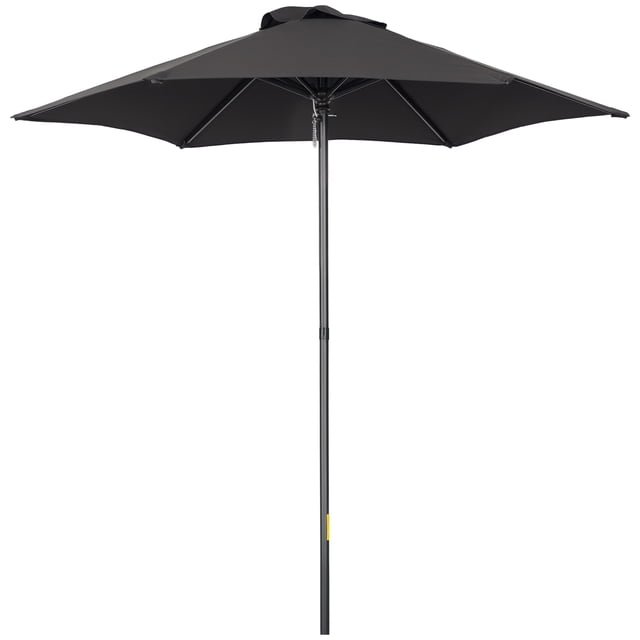 Outsunny Parasol de Patio 6,6 Pi, Parasol d'Extérieur avec 6 Baleines Solides, Noir. Ce Parasol d'Extérieur Présente une Canopée Classique en polyester Noir Soutenue par six Baleines en Aluminium pour une Stabilité Accrue. le Parasol a un Mécanisme d'Ouverture par Pression et un Poteau en Aluminium Robuste d'Un Diamètre de 1,3 Po. Convient aux patios, Jardins et Espaces Extérieurs, Il Offre un Grand Ombrage avec un Diamètre de 6,4 Pieds. Base Non Incluse.
