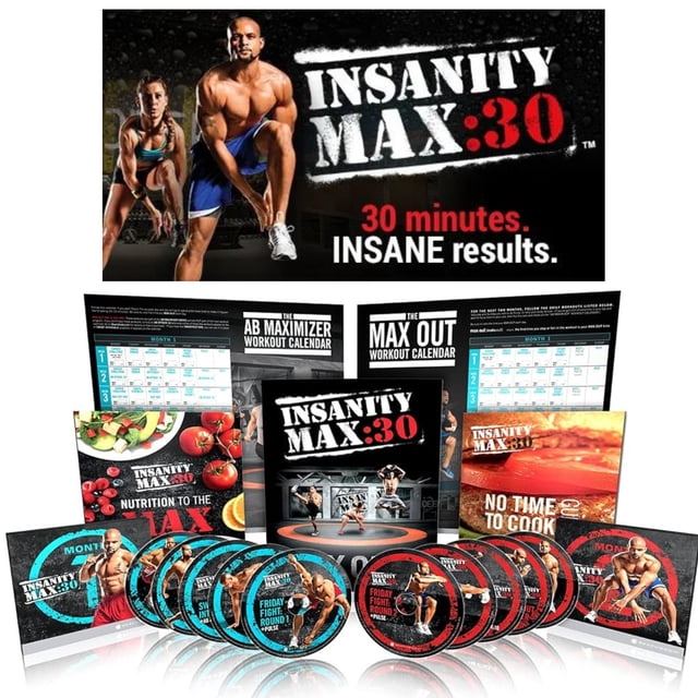 INSANITY MAX 30 Base Kit workout DVD set featuring 10 DVDs for a 60-day total body conditioning program. Includes a MAX OUT guide, nutrition guide, workout calendars, and a No Time to Cook guide. Designed for home gym bodyweight exercises with no equipment needed. The DVDs feature high-intensity cardio and strength interval workouts led by Shaun T, suitable for all fitness levels with modifications available. The set also provides access to an online community for support and motivation.