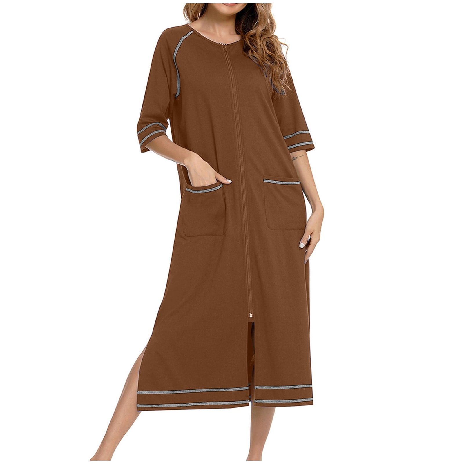 Timegard Night Shirts for Women Sleepwear Zipper Robe 3/4 Sleeve Side Split Lounge Dress with Pockets