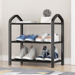 Meitianfacai Simple 3-Tier Shoe Rack with Space Saving Design, Compact Plastic Shoe Organizer for Dorm, Apartment and Entryway with Easy Assembly (Black)