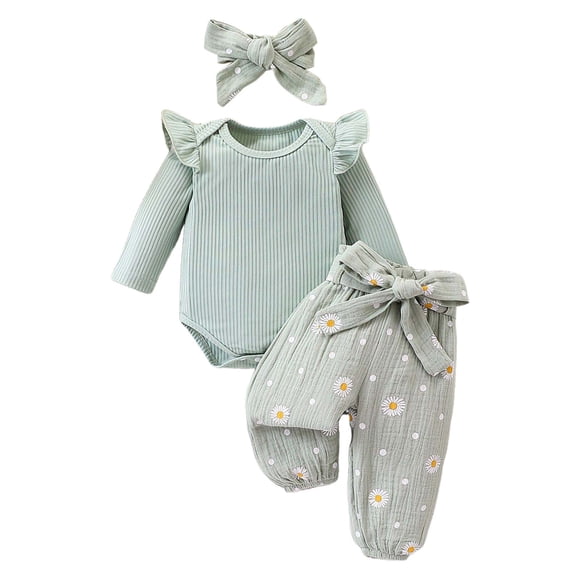 Splozh Newborn Baby Girls Clothes Outfits Girl Clothes Rib Knit Romper Daisy Print Pants Headband Baby Clothes for Girls Light Green,0-3 Months