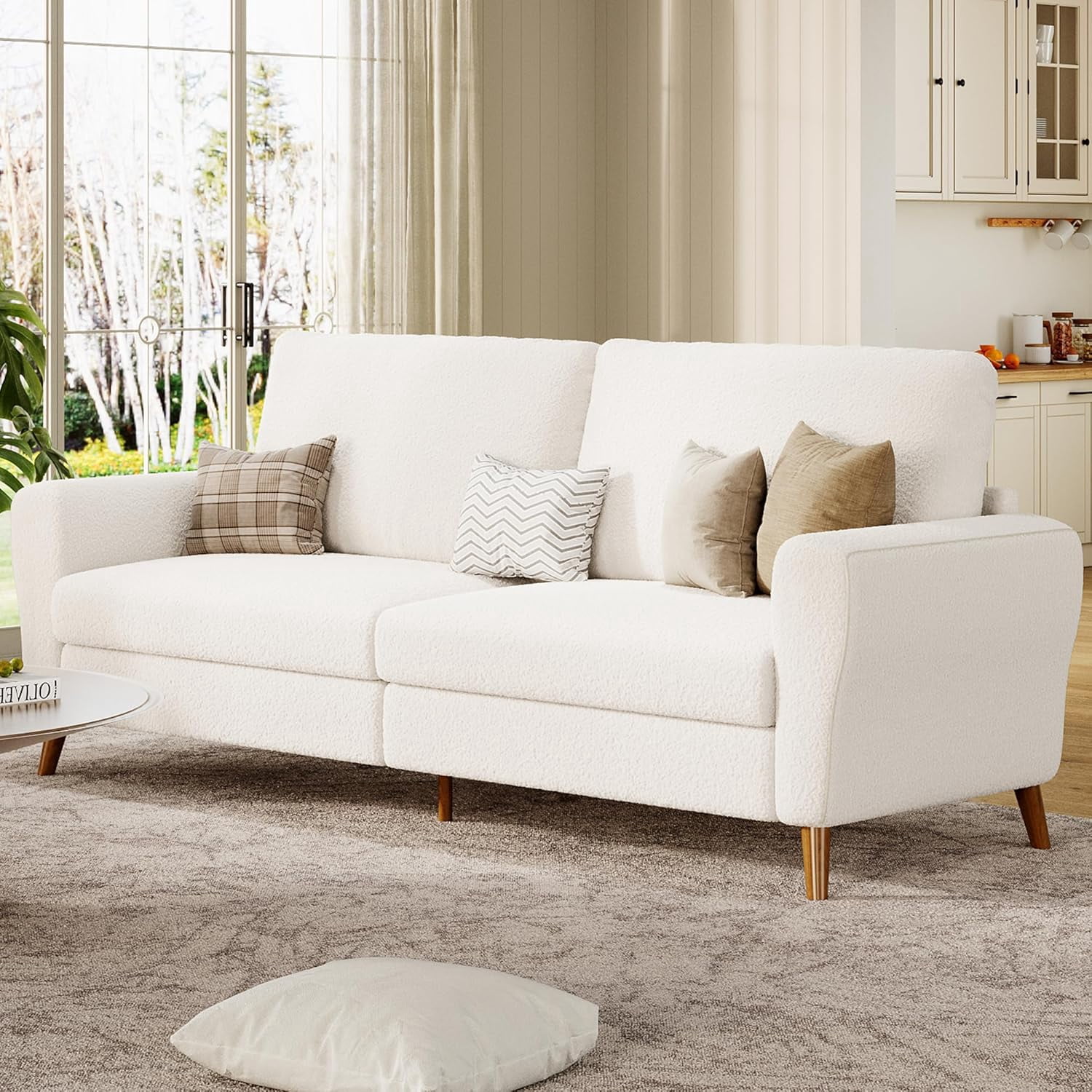 84 Inch Modern Sofa Couch, Large 3-Seater Sofa with Streamlined Armrests, Boucle Loveseat Wood Feet, Comfy Couch for Living Room, Apartment, Lounge, White