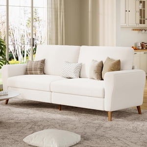 84 Inch Modern Sofa Couch, Large 3-Seater Sofa with Streamlined Armrests, Boucle Loveseat Wood Feet, Comfy Couch for Living Room, Apartment, Lounge, White