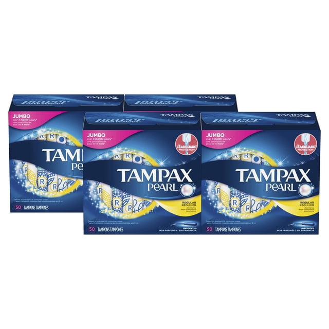 Tampax Pearl Regular Plastic Tampons jumbo pack with 50 unscented tampons per box, featuring LeakGuard Braid for leak protection, smooth rounded-tip applicator for comfortable insertion, and FormFit design for up to 8 hours of leak-free protection, shown as three navy blue boxes with yellow and white accents.
