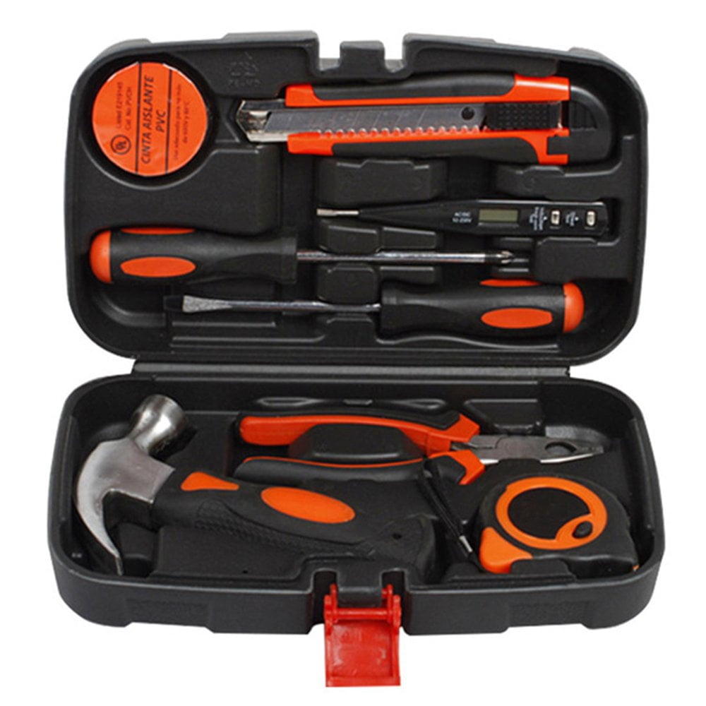 CNKOO 9 Piece Tool Set  Mini Tool Box. Home Tool Kit with Plastic Storage Toolbox for All Purpose Office  Garage  Apartment and College Dorm