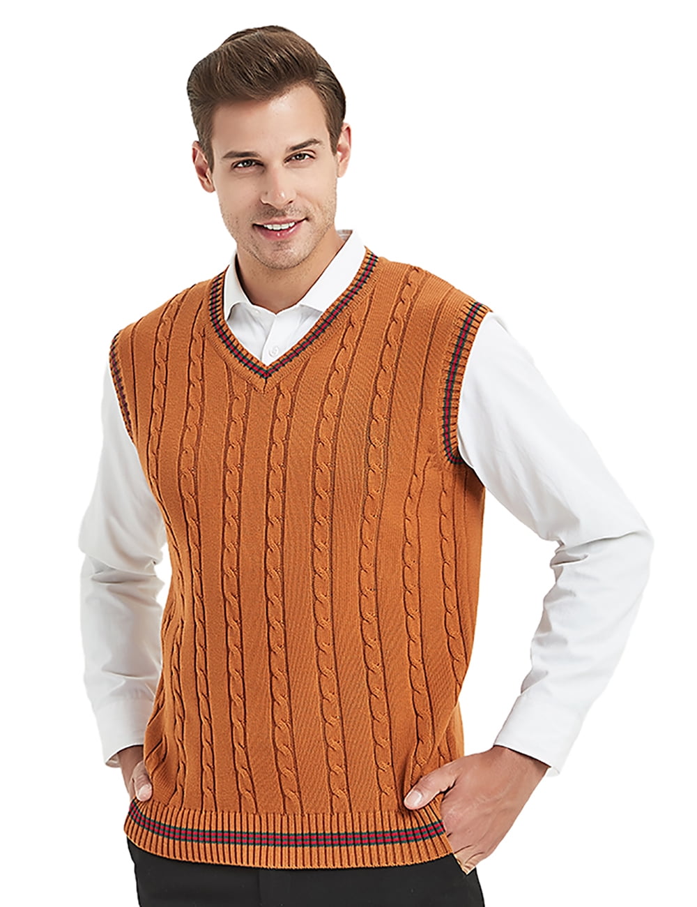 TOPTIE Men's 100% Cotton Knit Sweater Vest, V Neck Cable Pattern