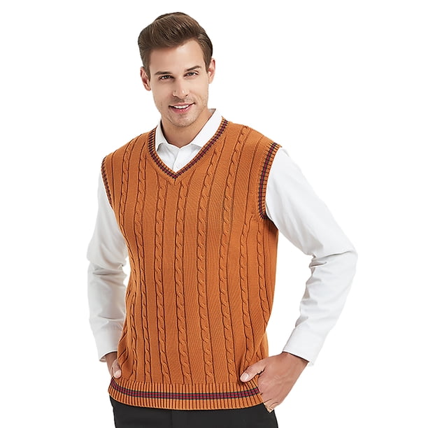 TOPTIE Men's 100% Cotton Knit Sweater Vest, V Neck Cable Pattern