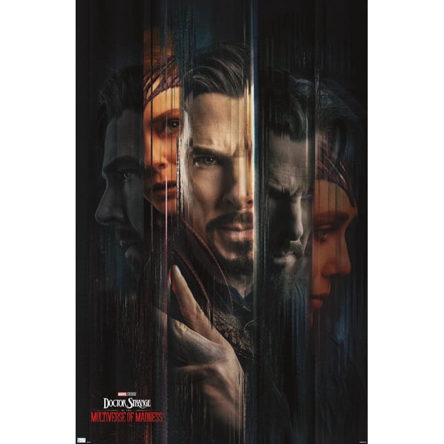 Marvel Doctor Strange dans le Multivers de la Folie - Affiche Murale Teaser en une Feuille, 14,725 Pouces x 22,375 Pouces, Présentant un design vertical Fragmenté avec des Visages et des Mains Superposés de Doctor Strange dans des Tons Mystiques Sombres, avec le logo des Studios Marvel et le Titre du Film en Texte Rouge et Blanc en Bas à Gauche sur un Fond Noir.