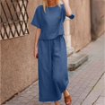 thumbnail image 2 of Womens Pants Suit Round Neck Short Sleeve Solid Color Tops Wide Leg Pants Ladies Summer Casual Pants Set, 2 of 4