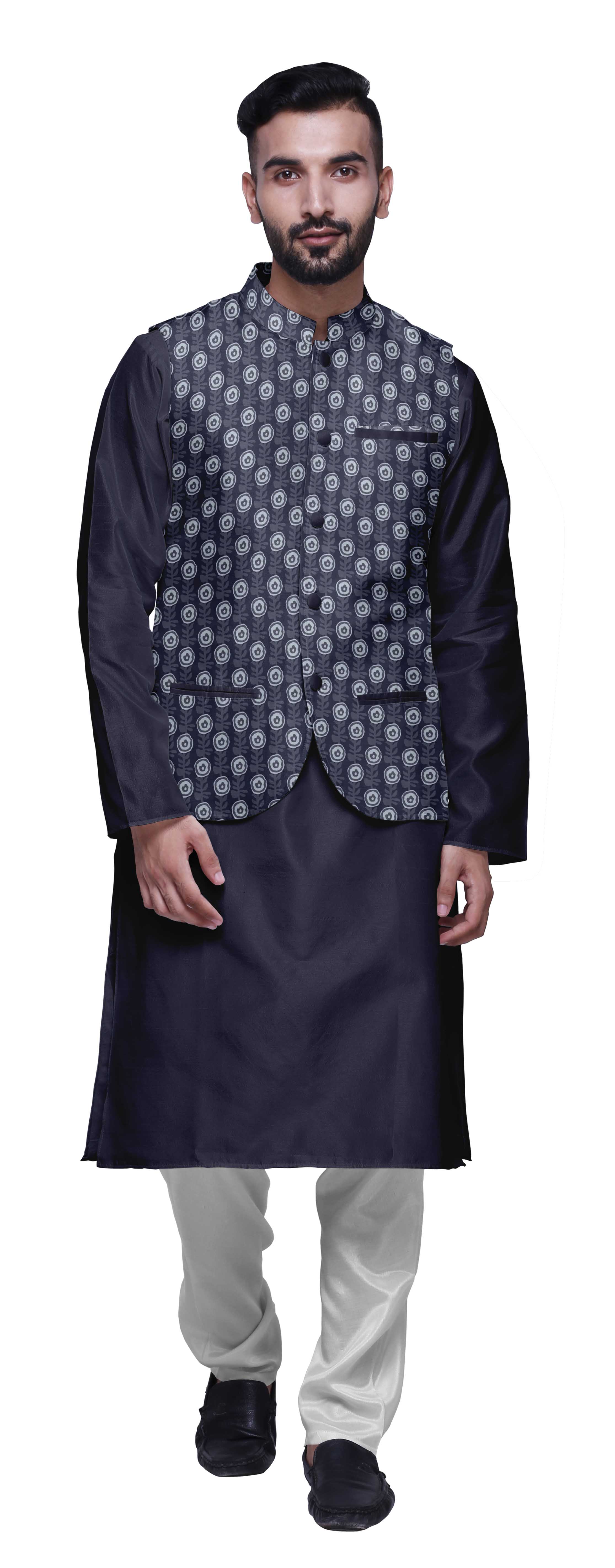 Atasi Kurta Churidar Uni Pyjama et Ensemble de Veste Nehru Imprimée pour Tenue de Fête pour Hommes