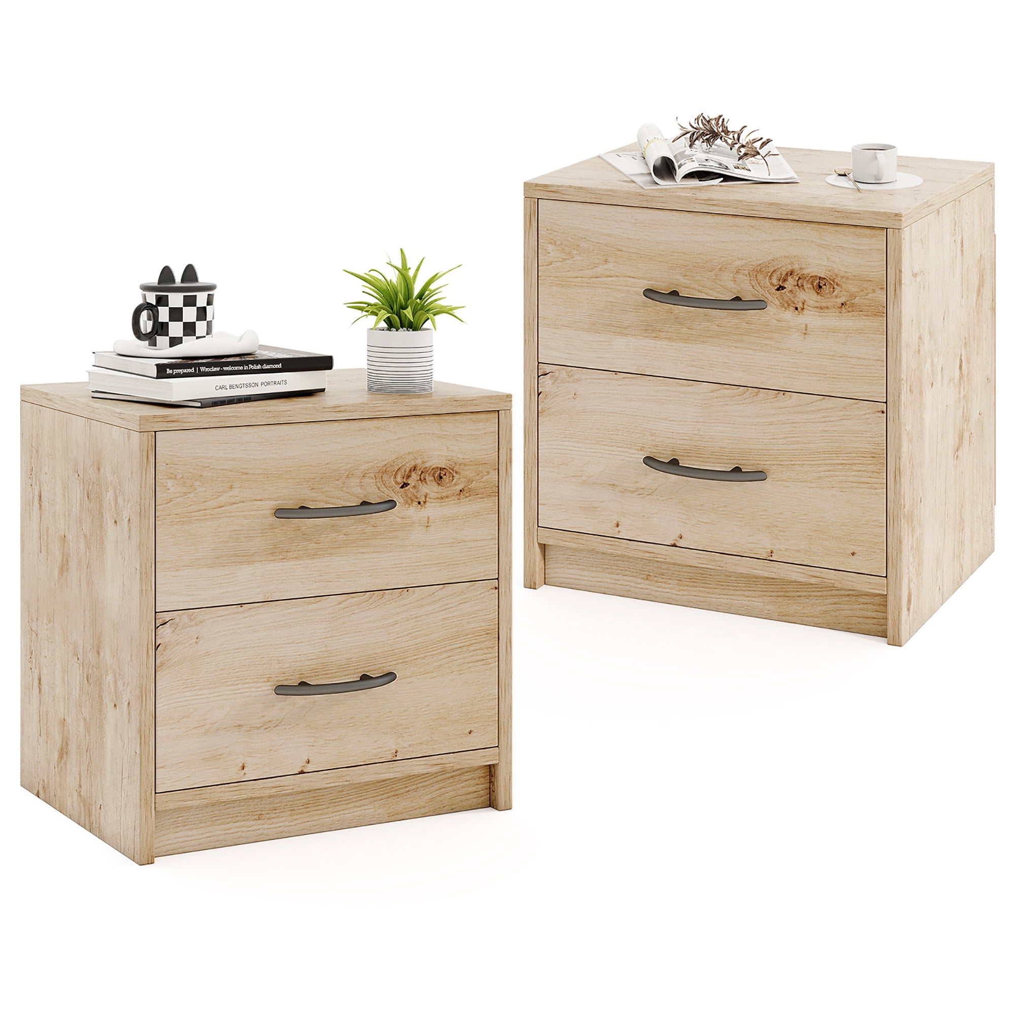 Gymax 2PCS 2-Drawer Nightstand Modern Bedside Table w/ Storage for Living Room Bedroom Oak