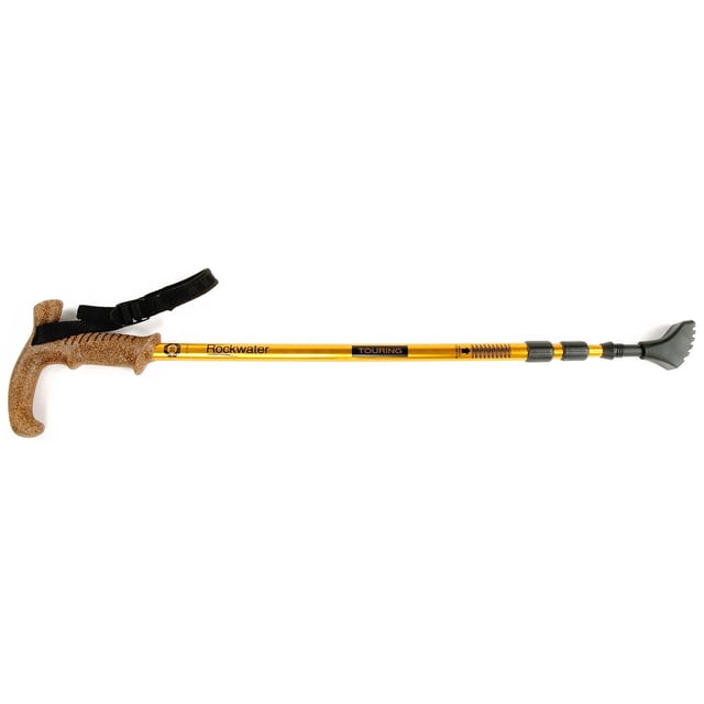 RWD Touring Walking Stick with extendable gold DURALUMINUM T-6062 shaft from 24 to 51 inches, cork and TPR ergonomic handle with adjustable black wrist strap, twist lock sections, removable snow basket, and black trail boot tip with anti-shock spring system.