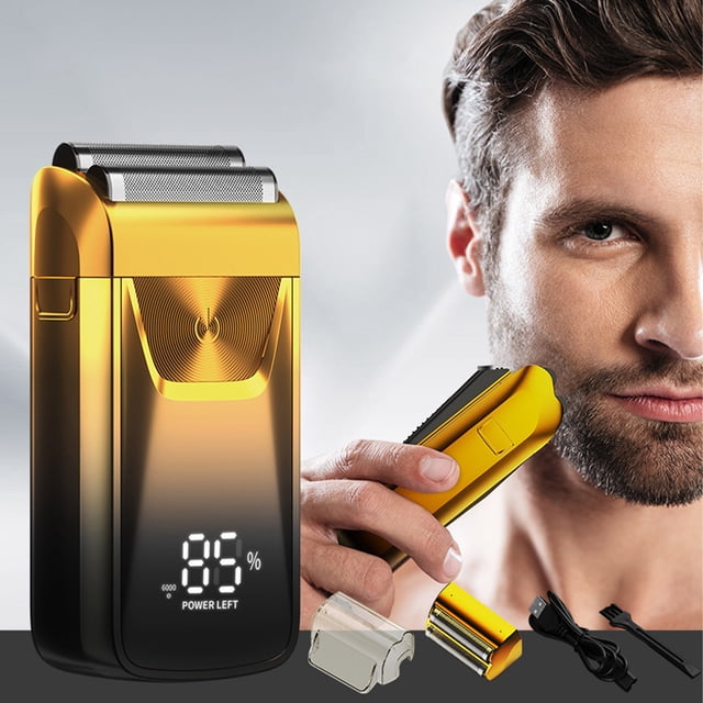 UsRHHA 3-in-1 Bald Shaver for Men with LED Display, featuring a gold and black body. The electric razor includes dual stainless steel foil blades, a digital LED display for power and speed settings, and a detachable clipper attachment. Accessories such as a USB charging cable, cleaning brush, and protective cover are included. A man demonstrates its use on his face, showcasing its versatility for head and facial grooming.