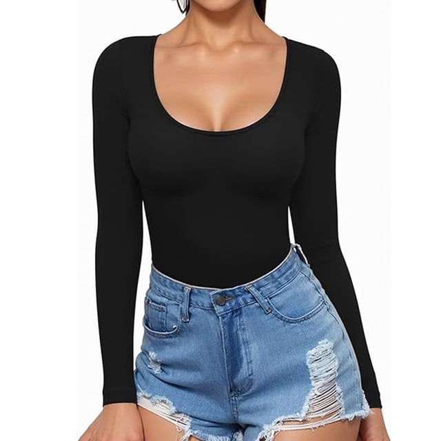 tarylea Women's Cute Tops U Neck Ribbed Slim Fitted Tops Long Sleeve Solid Color Shirts Casual Fall Going out Tops