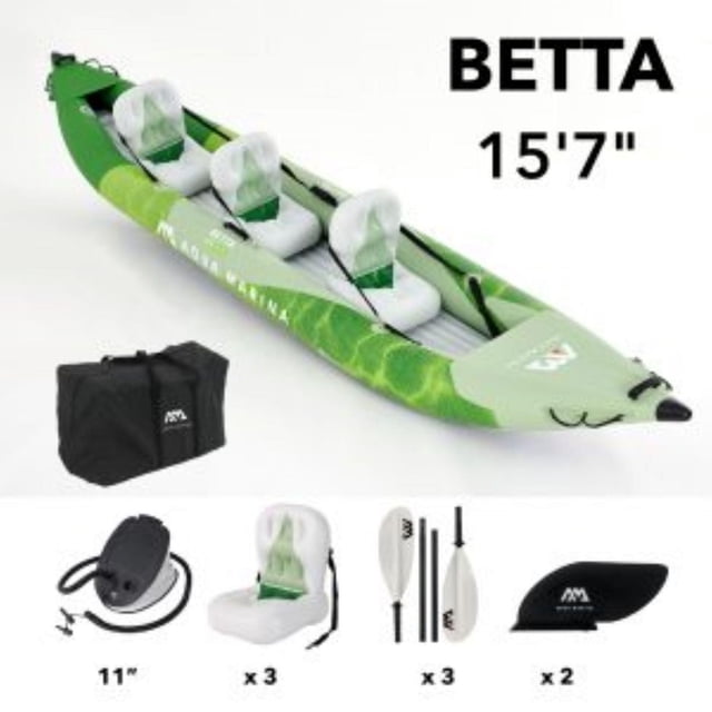 Aqua Marina 2022 BETTA-475 Recreational 3-Person Kayak/Canoe in green with three inflatable white and green seats, including a black zip backpack, 11-inch foot pump, three KP-1 paddles, and two kayak fins, made from reinforced PVC for lightweight, low-maintenance paddling on lakes and rivers, suitable for family recreation.