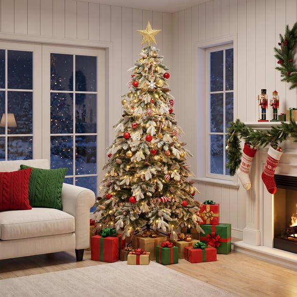 GOGRANT Arbre de Noël Floqué de 7,5 Pi, Flocage Vert, 550 Lumières, 1278 Pointes, 11 Modes, 55 Pommes de Pin, Support Articulé