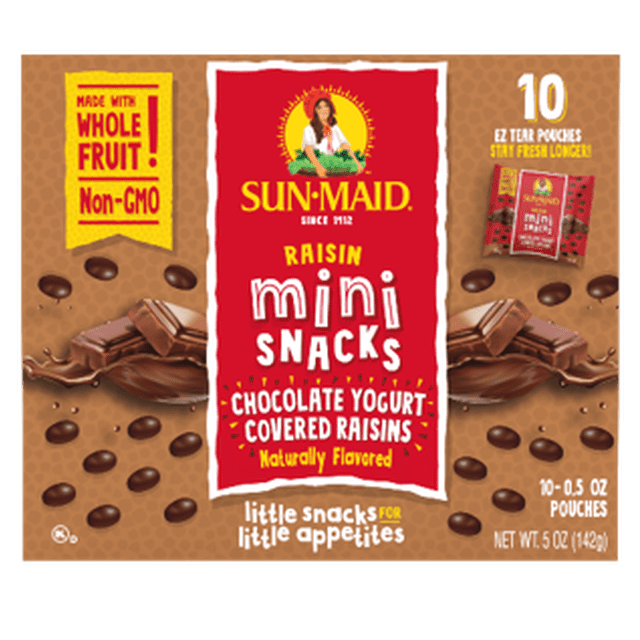 Sunmaid Raisin Mini Snacks Chocolate Yogurt Covered Raisins box with ten 0.5 oz pouches, displaying chocolate yogurt covered raisins on a brown background, highlighting non-GMO whole fruit and natural flavor, suitable for portable snacking.