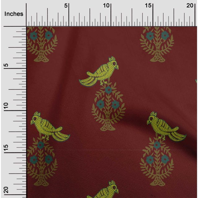 oneOone Polyester Lycra Fabric Leaves|Bird & Floral Block Print Fabric By Yard 56 Inch Wide