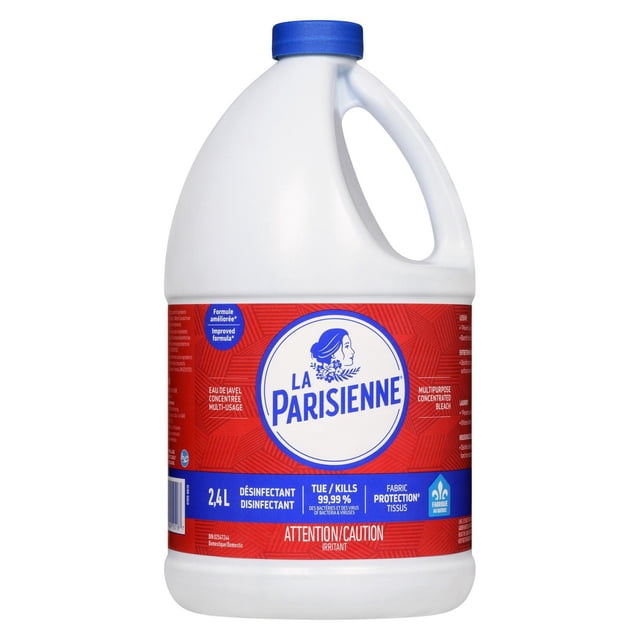 La Parisienne Concentrated Bleach 2.4L in a white plastic jug with a blue screw cap and handle, featuring a red label with blue and white text highlighting its disinfectant action, fabric protection, and ability to kill 99.99% of bacteria and viruses, ideal for laundry and household cleaning.