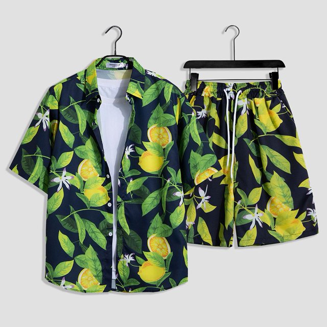 MYG Ensemble 2 Pcs pour Homme, Chemise à Manches Courtes à Imprimé Floral et Short, Style Hawaïen de Plage