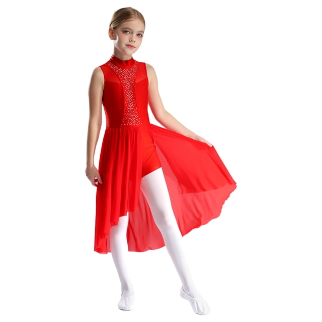 RUNQHUI Robe de Danse Ballet à Sequins pour Filles, Robe de Patinage Artistique Sans Manches Ourlet Irrégulier en Maille Rouge 6