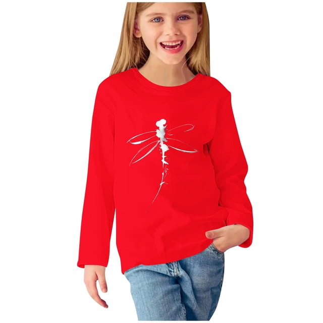 T-shirts à Manches Longues pour Filles, Col Rond, en Coton, Imprimé Libellule, T-Shirts Décontractés d'Automne et de Printemps, T-Shirts Graphiques Basiques pour Enfants (9 Ans, Rouge)