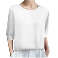 thumbnail image 1 of Plebaso Hauts à Col Rond à Manches Mi-Longues pour Femmes, Blouses Amples Décontractées d'Été, Hauts Élégants de Couleur Unie pour Femmes, 1 of 3