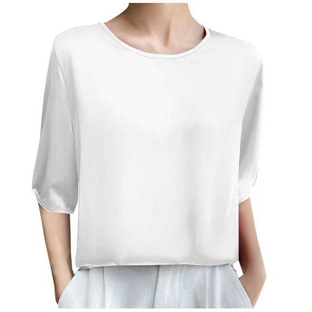Plebaso Hauts à Col Rond à Manches Mi-Longues pour Femmes, Blouses Amples Décontractées d'Été, Hauts Élégants de Couleur Unie pour Femmes