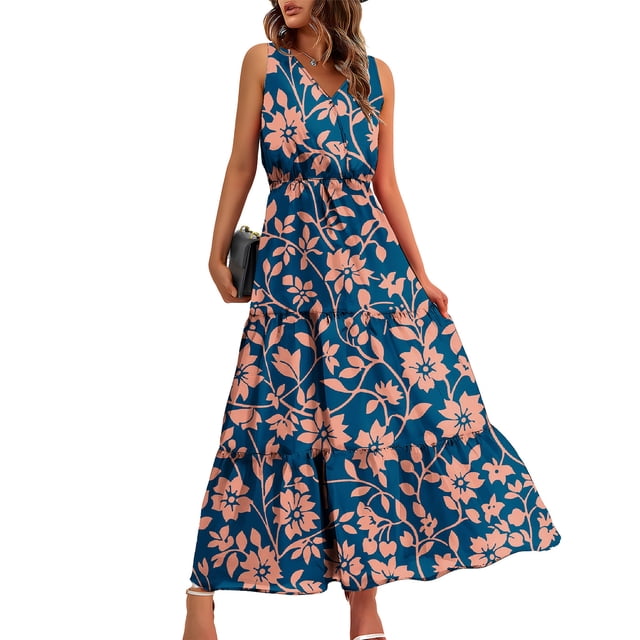 Pisexur Robes pour Femmes à Col en V Sans Manches Robe Maxi Taille Élastique Robe Évasée à Étages Robe d'Été Mode à Imprimé Floral Robe de Bal d'Été Décontractée Ample Longue Robe Confortable Fluide Robe Portefeuille pour Plage Vacances