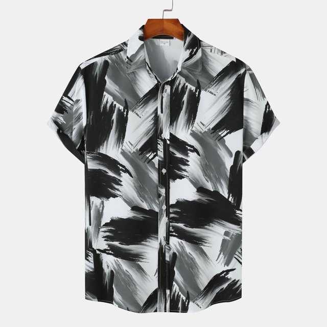 EGNMCR Men Casual Buttons Color Block Print With Pocket Turndown Short Sleeve Shirt Blouse