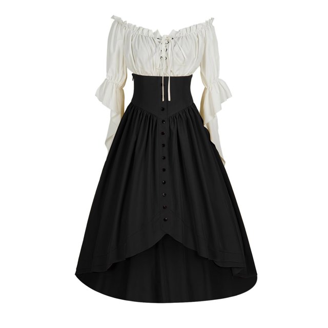 LOVZFMLL Costume Renaissance pour Femmes Robe Victorienne Médiévale Paysanne Manches à Volants Laçage Chemise Asymétrique Robe Maxi Tenue de Fête d'Halloween Cosplay