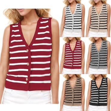 Yuyuzo Sweater Vests for Women Casual Sleeveless Shirts Deep V Neck Knit Pullover Tops Striped Lightweight Knitwear