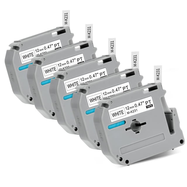 5-Pack 12mm x 8m MK-231 Compatible Label Tapes for Brother P-Touch M Series: White Background Black Text, Split Back Easy Peel, Waterproof PVC, Fits PT-M95/PT-65/PT-80/PT-70/PT-45M and More Label