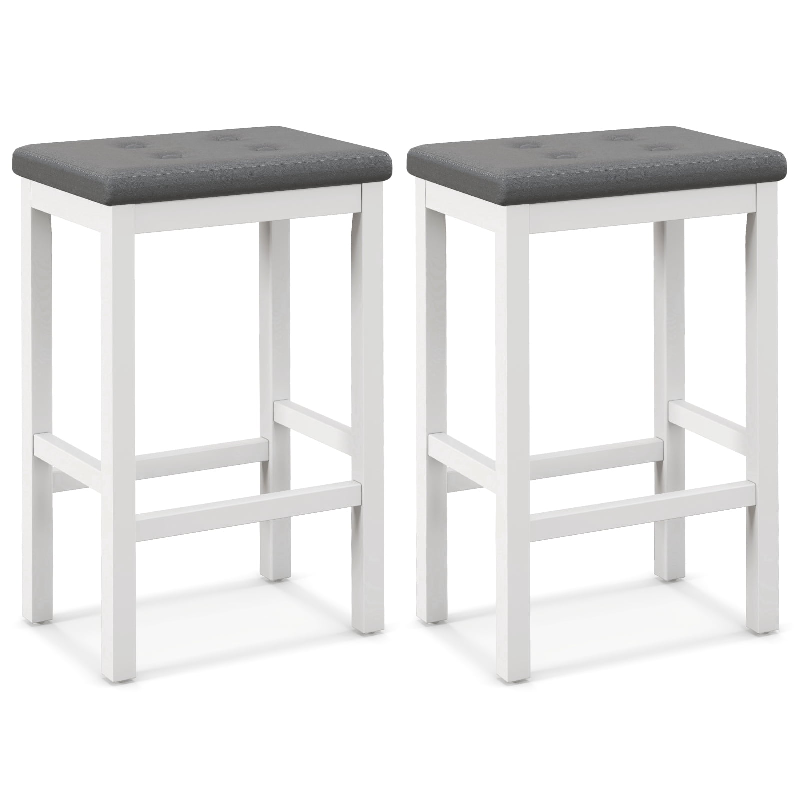 Patiojoy Upholstered Bar Stools Set of 2 Counter Height Stools with Button-tufted PVC Leather Seat & Sturdy Footrests Gray & White
