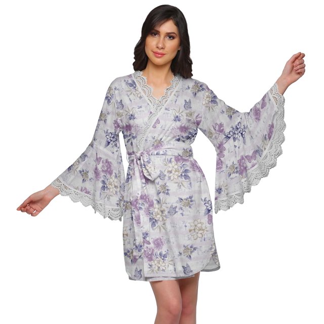 Moomaya Peignoir en Coton pour Femmes Robe de Chambre Imprimée Courte Peignoir de Douche Nuptiale