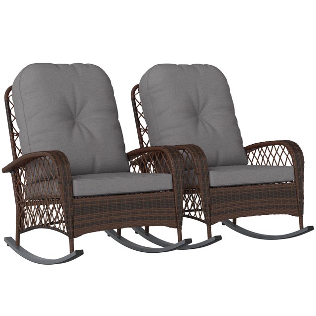 Outsunny 2 Pcs Rattan Rocking Chair with Soft Cushion for Garden, Grey