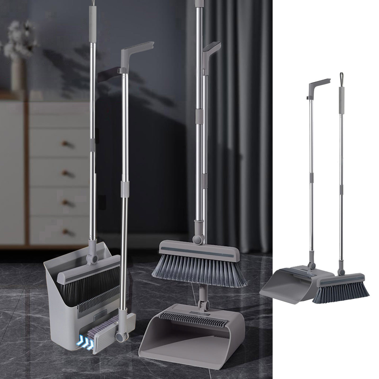 Dvkptbk Broom and Dustpan Brooms and Dustpan Floor Brush 3-in-1 Set Household Cleaning Supplies Stainless Steel Handle Brooms and Dustpan Combo Set for Home Office Cleaning Supplies