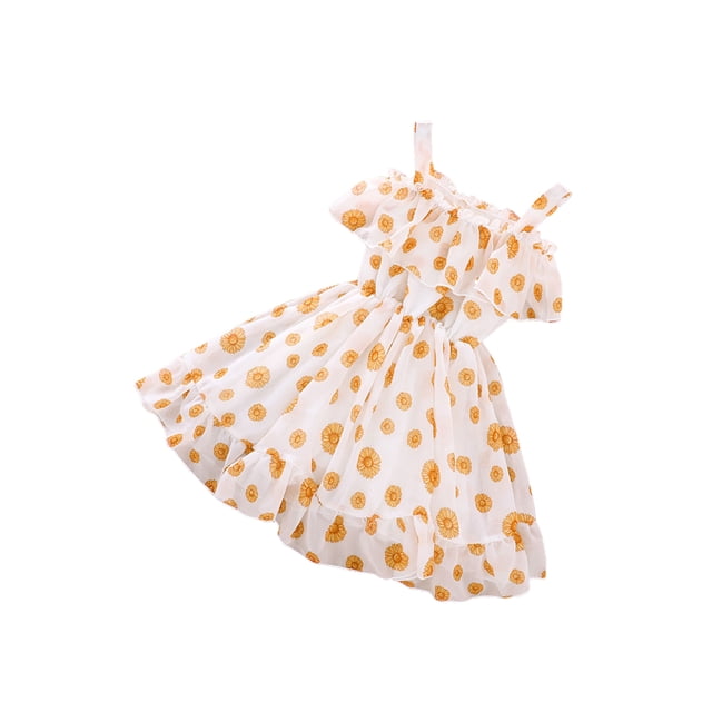Xingqing 8 Colors Summer Princess Kids Girls Dress Flowers Printed Short Sleeve Off Shoulder Ruffles A-Line Chiffon Dress
