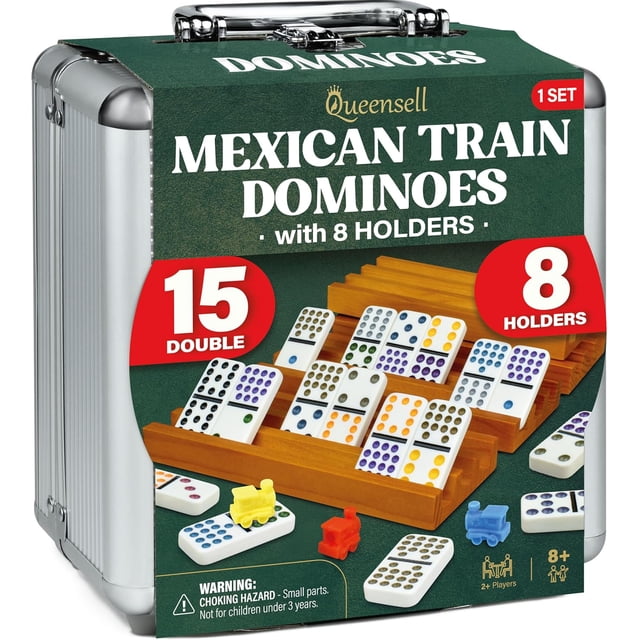 Queensell Mexican Train Dominoes Set Double 15 with 8 Holders - Wooden ...