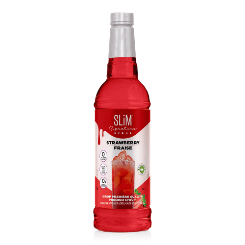 Slim Syrups Sugar Free Strawberry Syrup in a 750 ml bottle, featuring 0 calories, 0 sugar, and 0 carbs. The front label highlights its keto-friendly attributes and vibrant red strawberry flavour. Suitable for beverages and desserts.